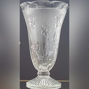 1930s Jeannette Glass Iris and Herringbone Clear Depression Glass Vases-Set of 2